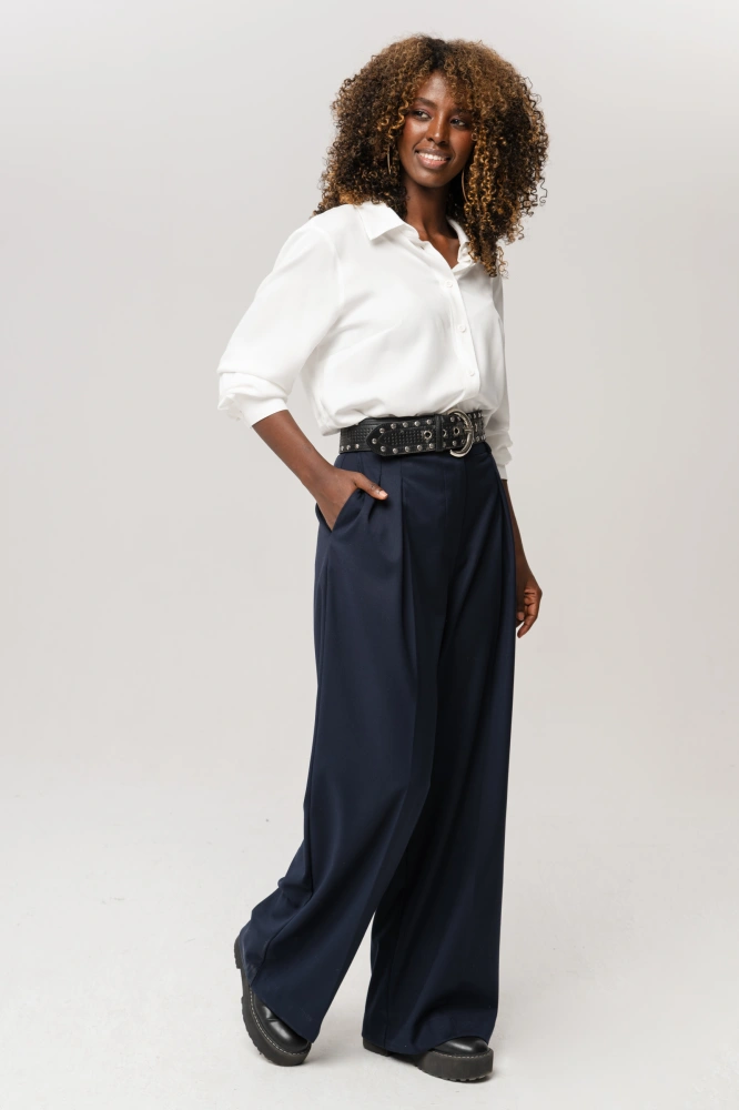 Spodnie garniturowe z zakładkami z przodu wide leg Florencja Dark Navy