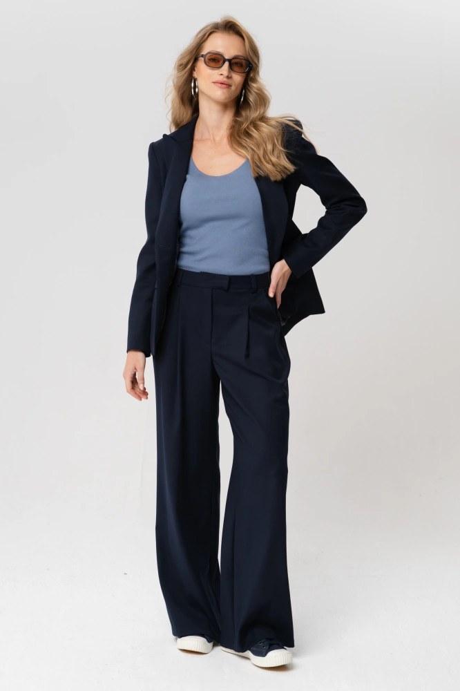 Spodnie garniturowe z zakładką z przodu wide leg Frida Dark Navy