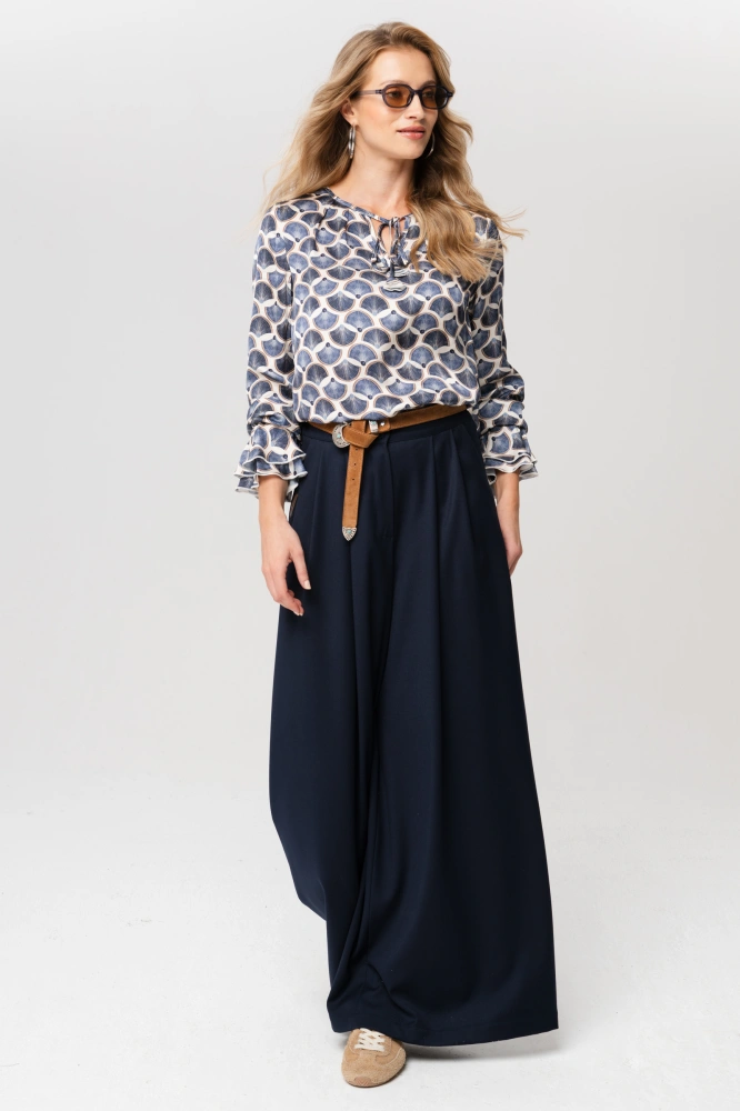 Spodnie palazzo z tkaniny garniturowej Vida Dark Navy