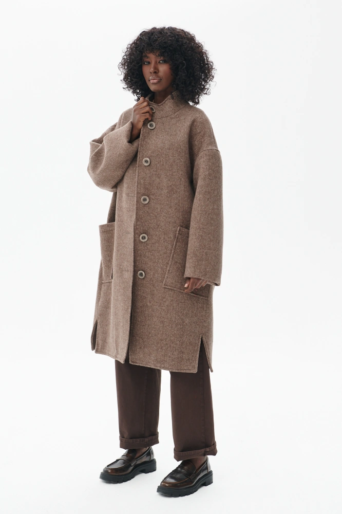 Minimalistyczna, długa kurtka damska z wełną Missy Dark Beige