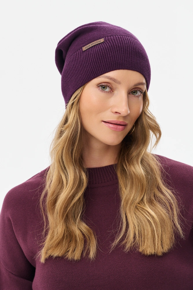 Dzianinowa czapka damska beanie Łapka Aubergine