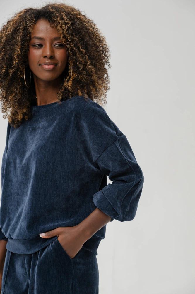 Bluza welurowa z przeszyciami na rękawach Naja Dark Navy