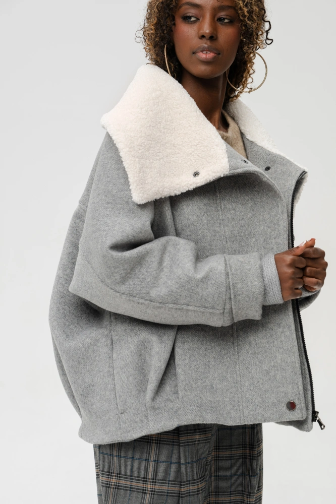 Kurtka zimowa bomber z wełny ze ściągaczami w rękawach Naomi Light Gray