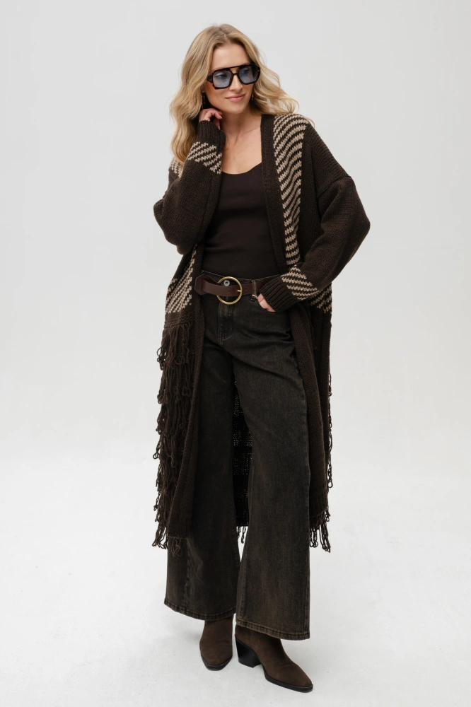 Kardigan zapinany z frędzlami Belo Dark Brown