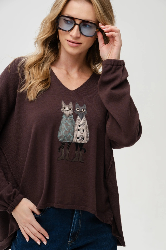 Sweter w serek z aplikacją Kety Dark Brown