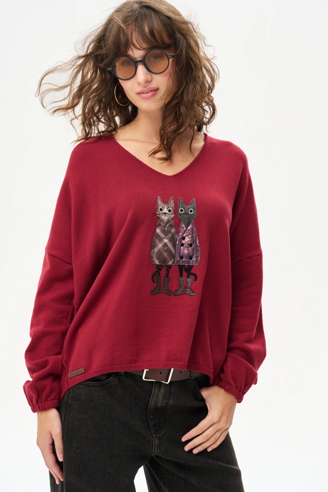 Sweter w serek z aplikacją Kety Wine