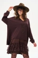 Sweter z aplikacją sznurkową pod dekoltem Tol Dark Brown