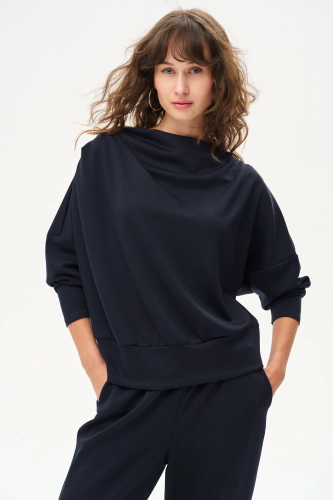 Wiskozowa bluza z dekoracyjnym dekoltem typu "woda"  Tracy Dark Navy