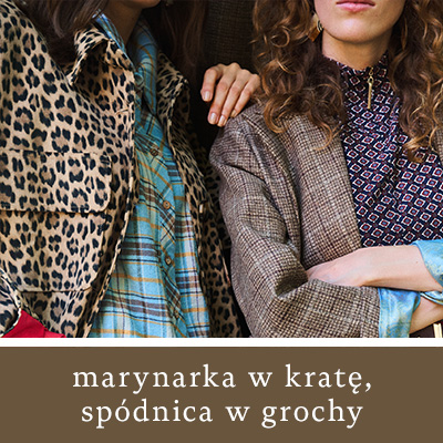 Marynarka w kratę, spódnica w grochy